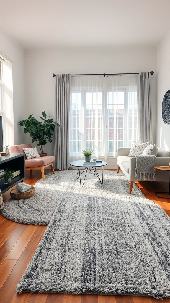 A cozy living room showcasing layered gray rugs on warm wooden flooring, featuring soft textures and bright natural light.