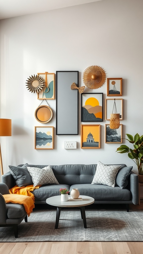 A living room featuring layered grey and yellow wall decor with various framed artworks and a cozy seating area.