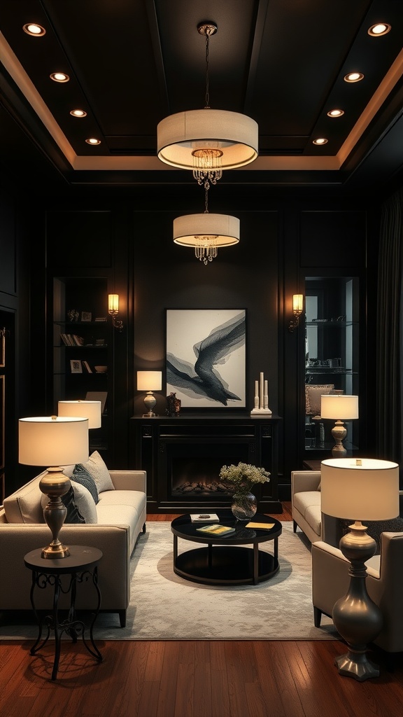 A stylish black and cream living room featuring layered lighting with pendant lights and wall sconces.