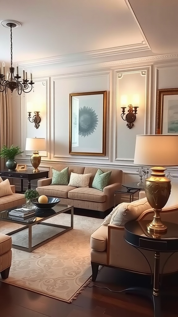 A formal living room with layered lighting including a chandelier, wall sconces, and table lamps, creating a warm and inviting atmosphere.