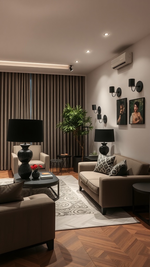 A stylish black and grey living room featuring layered lighting with recessed lights, wall sconces, and table lamps.