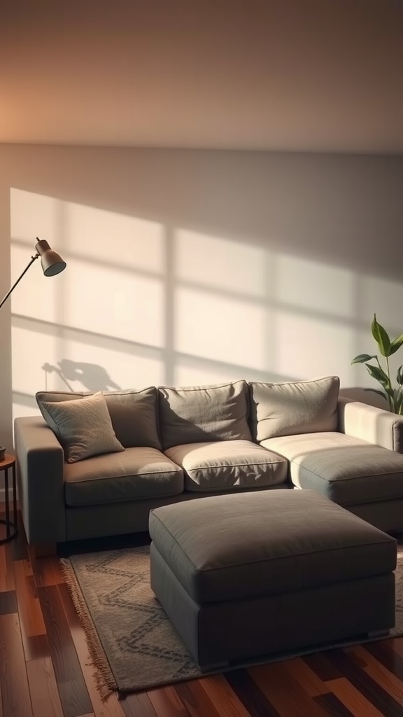 A cozy living room featuring a grey couch, a stylish lamp, and a plant, illuminated by natural light.