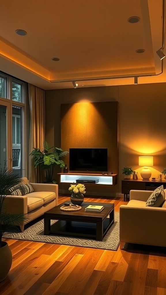 A cozy living room featuring layered lighting with warm tones and comfortable seating.