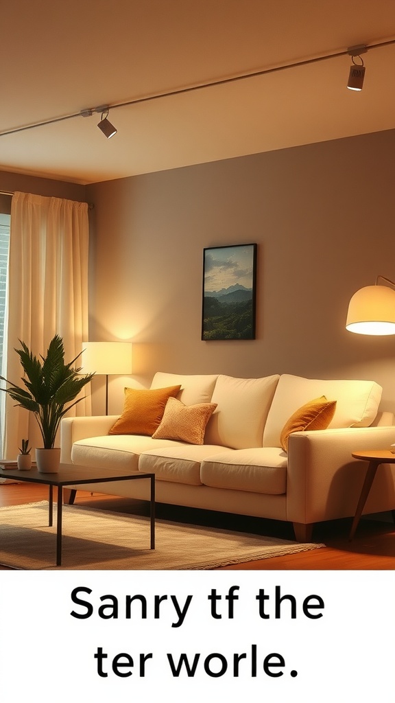 A cozy living room with a cream couch, layered lighting, and decorative accents.