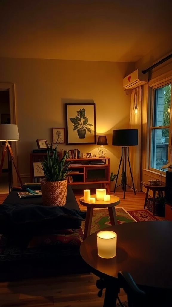 A cozy boho-style living room with layered lighting, featuring candles, floor lamps, and natural light.