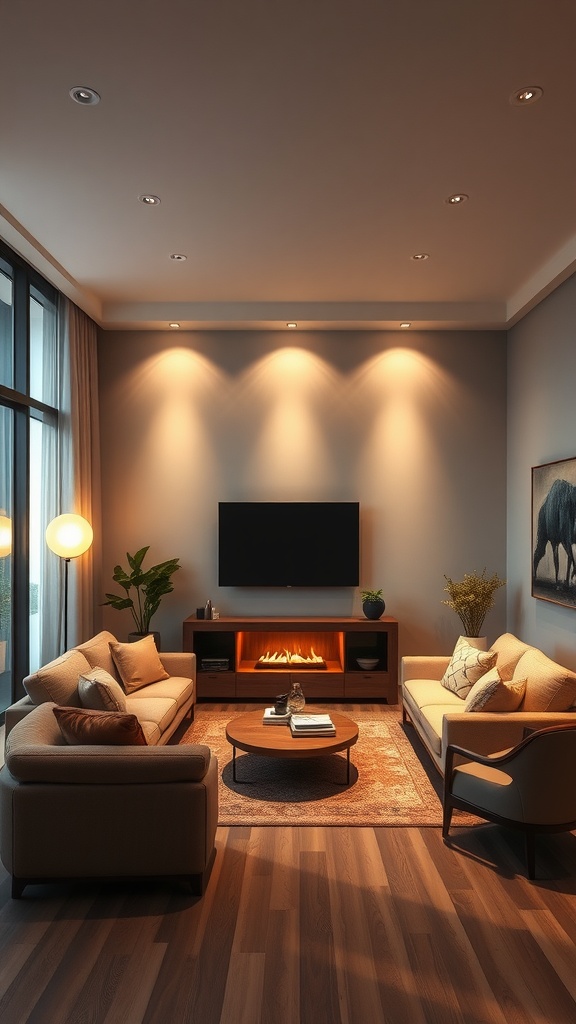 A modern western living room featuring layered lighting with recessed lights, a glowing fireplace, and a standing lamp.