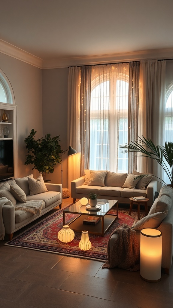 A cozy modern boho living room featuring layered lighting elements including a floor lamp, decorative lamps, and string lights in the curtains.