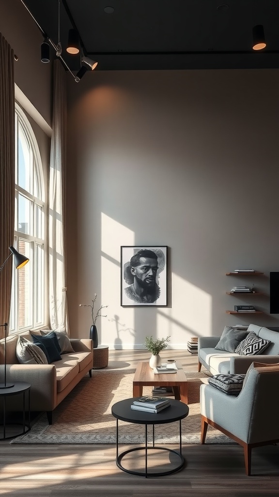 A stylish living room with beige and black decor featuring layered lighting from windows and ceiling fixtures.