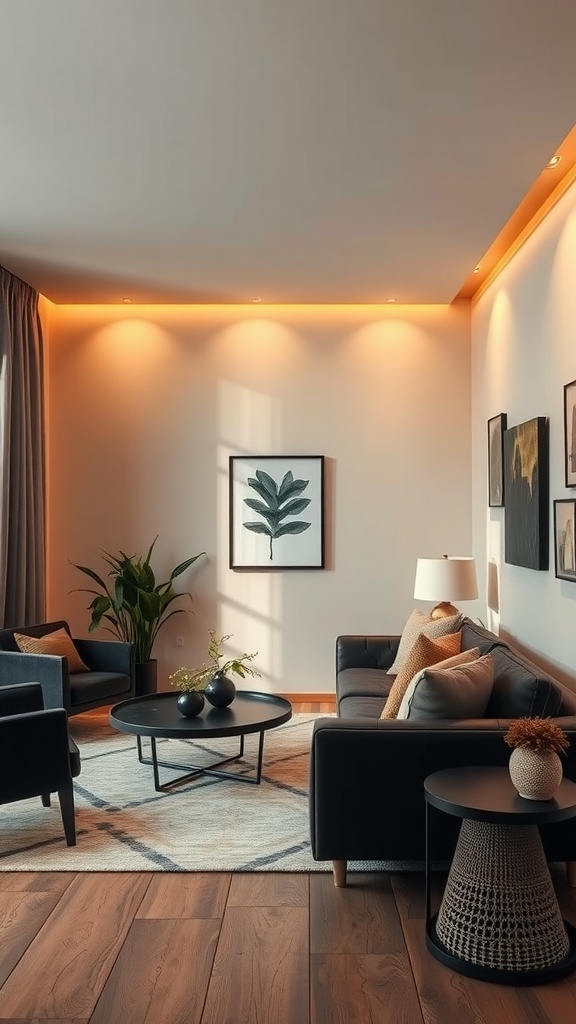 A modern living room featuring black furniture, tan accents, and layered lighting for a cozy ambiance.