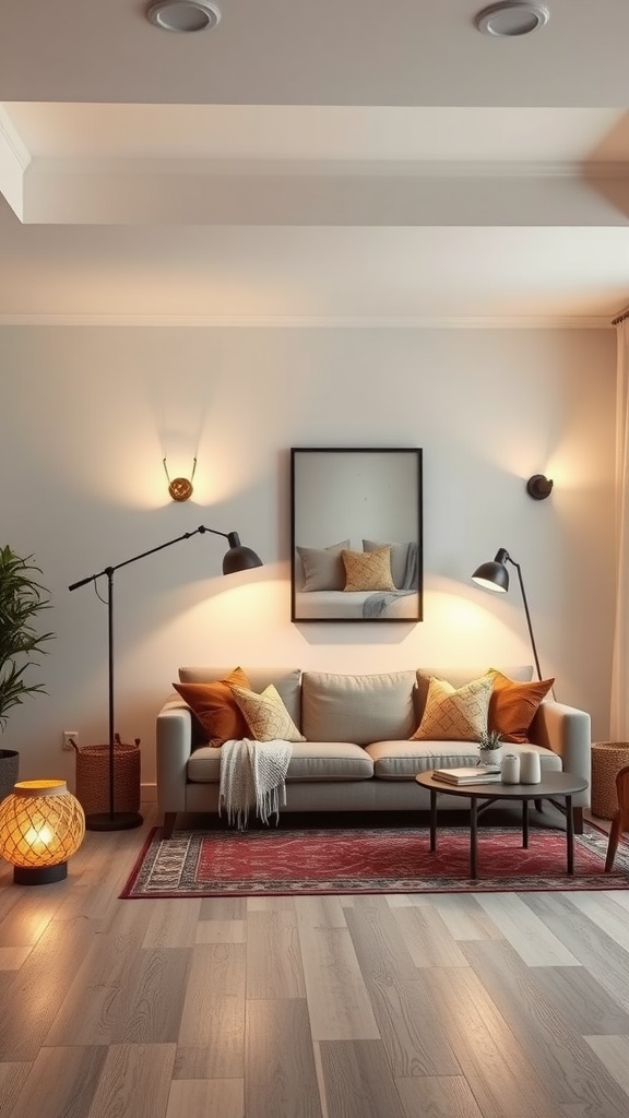 A cozy living room featuring layered lighting with floor lamps, wall sconces, and a table lamp, showcasing a cream and white color scheme.