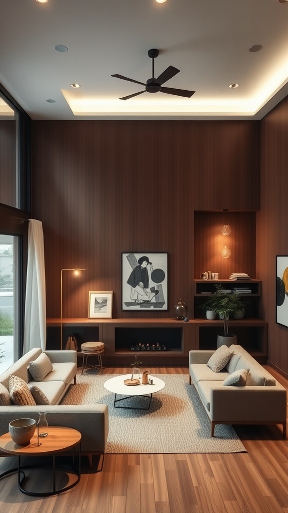 A midcentury modern living room showcasing layered lighting with a cozy atmosphere.