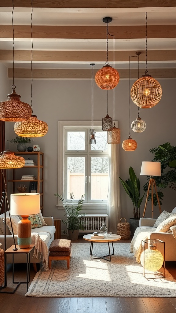 A modern boho living room featuring layered lighting with various pendant lights and lamps.