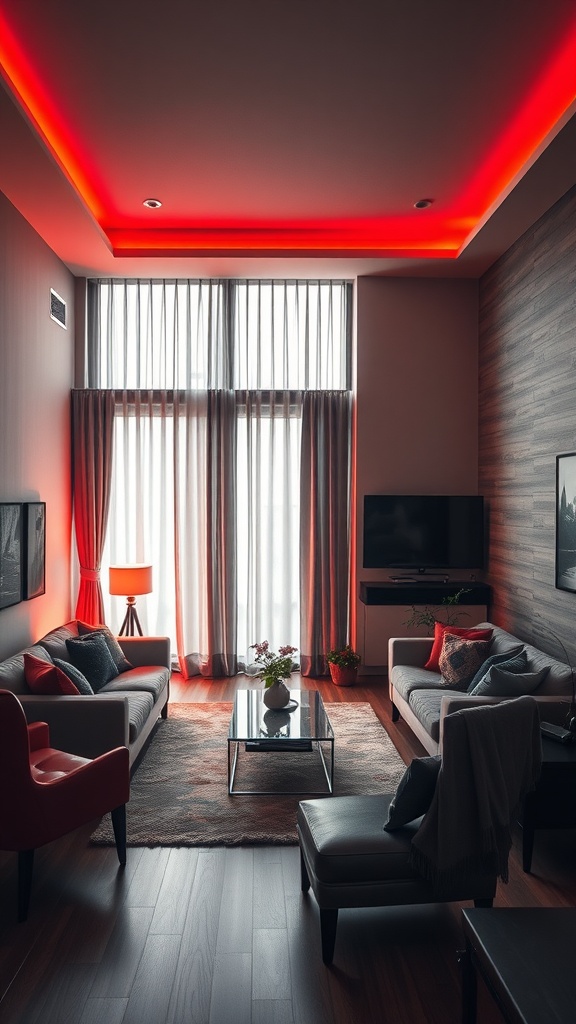 Modern living room with layered lighting options featuring red ambient lights, large windows, and stylish furniture.