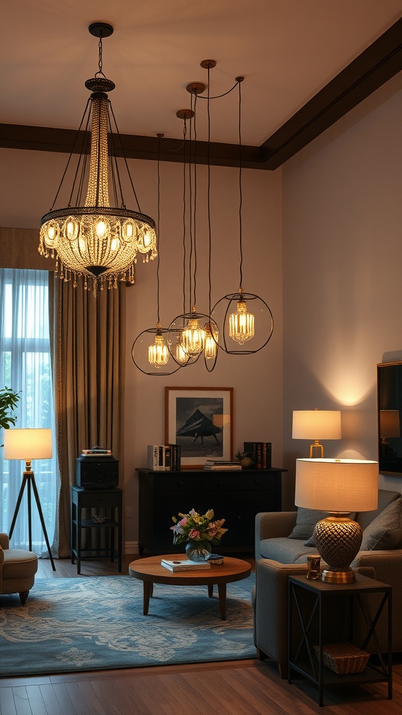 A cozy living room and dining room featuring a layered lighting scheme with a chandelier and pendant lights.