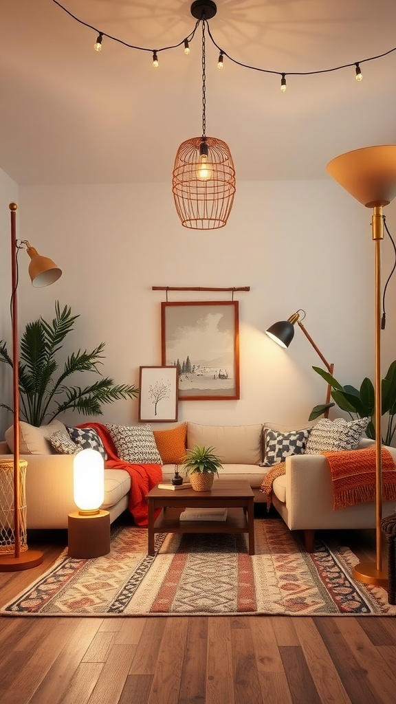 A cozy dark boho living room with layered lighting, including a wire cage ceiling light, string lights, and various floor lamps, complemented by plants and warm textiles.