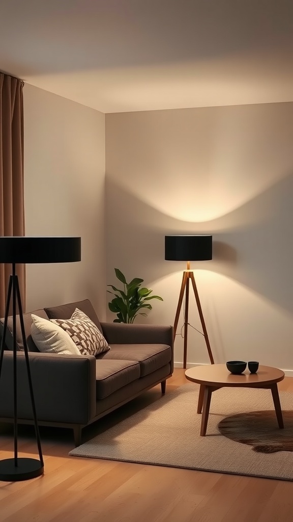 A cozy living room with layered lighting, featuring a dark sofa, floor lamps, and a wooden coffee table.