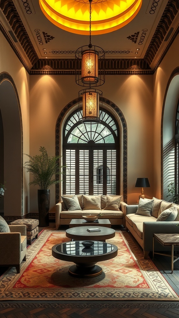 A Moroccan living room featuring layered lighting with a stunning ceiling fixture and decorative lanterns.