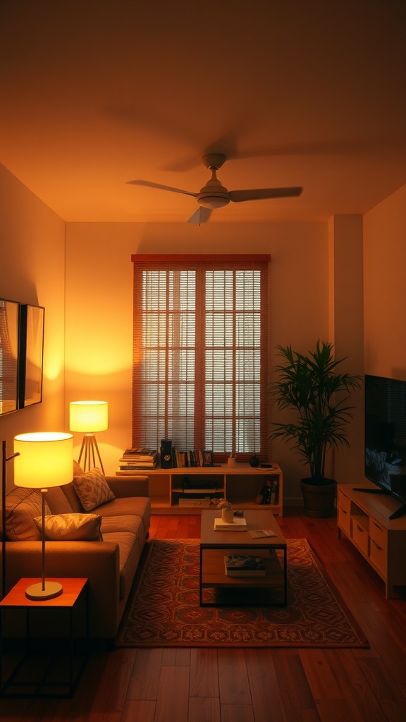 A cozy small living room with layered lighting, showcasing ambient, task, and accent light sources.