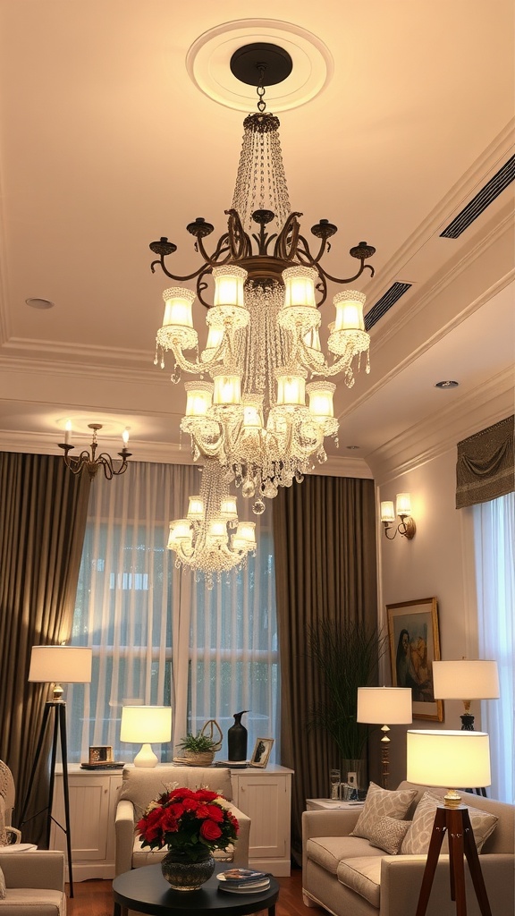 A cozy living room with layered lighting, featuring a chandelier, floor lamps, and natural light from large windows.