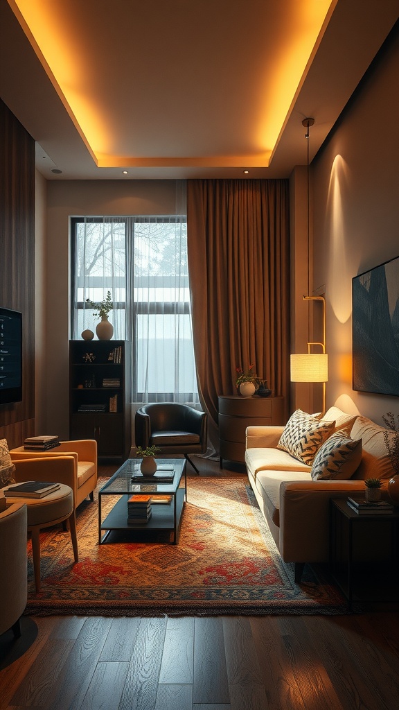 A cozy neutral living room with layered lighting, featuring warm ceiling lights, a floor lamp, and natural light from a window.