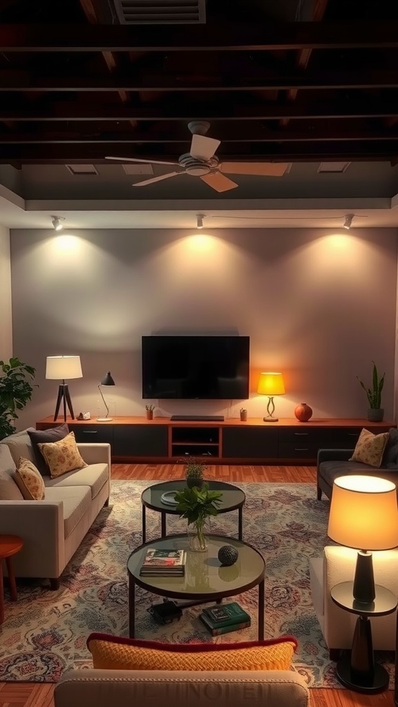 Cozy living room with layered lighting techniques, featuring lamps, a ceiling fan, and decorative elements.