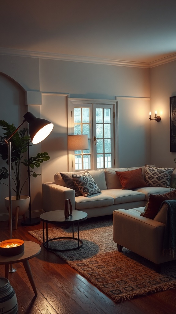 A modern living room with layered lighting, featuring a floor lamp, wall sconces, and soft natural light.