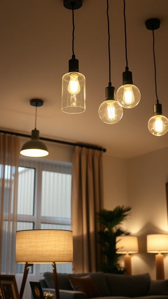 A cozy living room with various layered lighting options including pendant lights and table lamps.