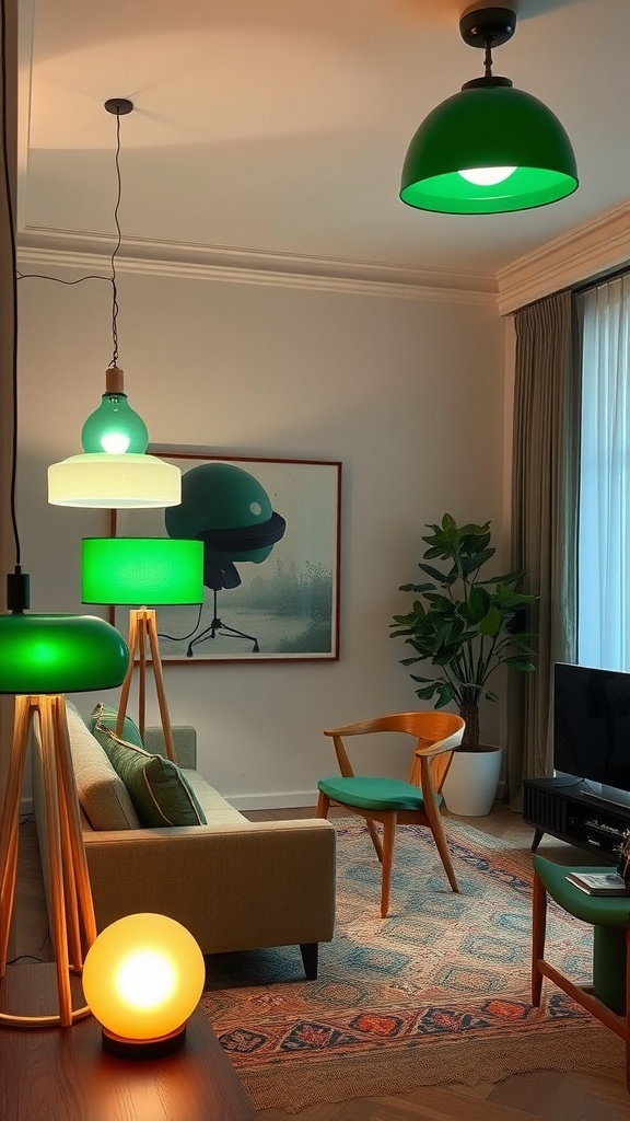 A living room featuring layered green lighting, showcasing various lamps and a cozy seating area.