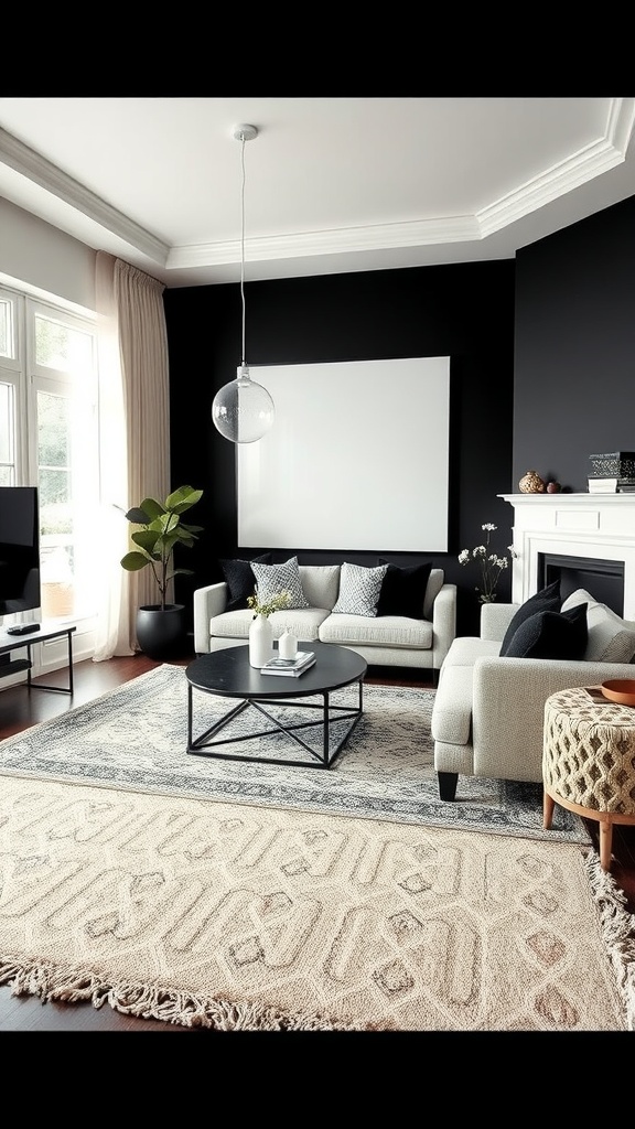 A modern living room featuring layered black and cream rugs, a sleek coffee table, and cozy seating.