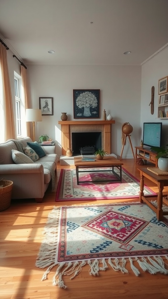 A mid-century boho living room with layered rugs, showcasing vibrant patterns and cozy decor.