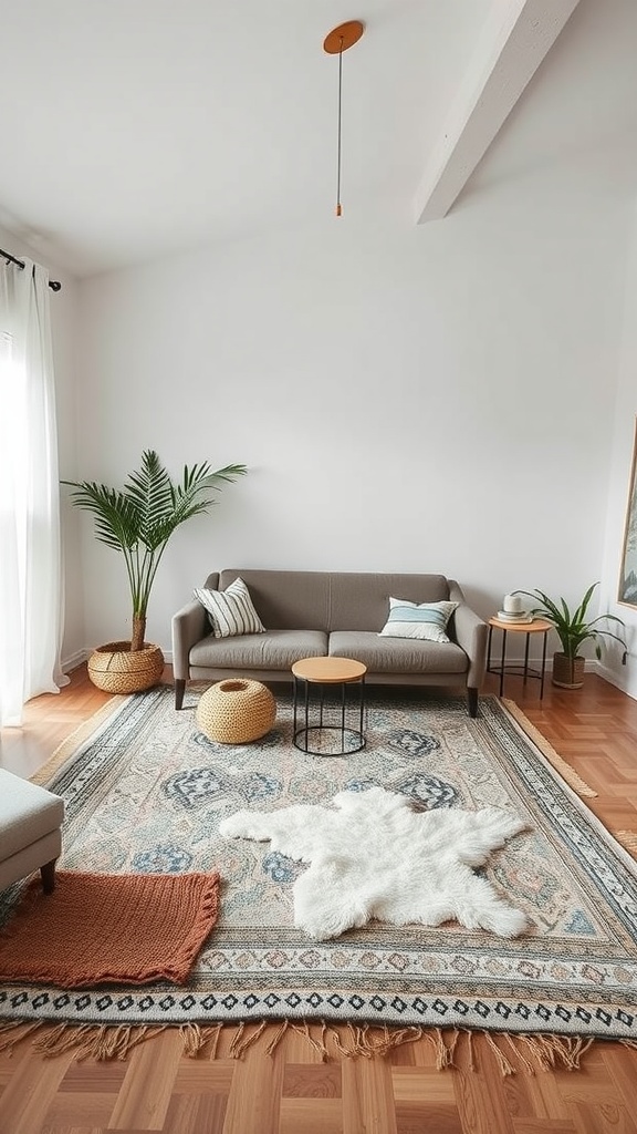 A minimalist bohemian living room with layered rugs featuring a large decorative rug and a soft white fur rug, complemented by cozy accents.