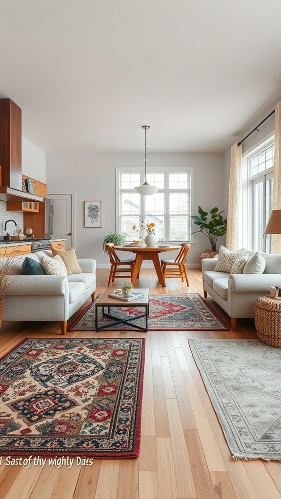 Open kitchen living room with layered rugs, showcasing comfort and style.