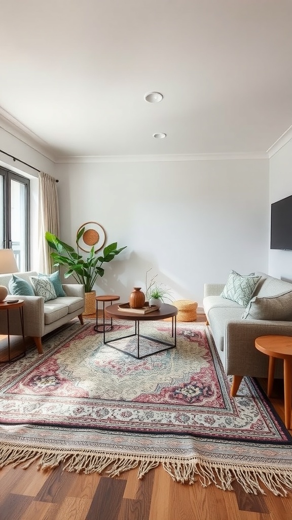 A cozy living room with layered rugs, modern furniture, and a vibrant indoor plant.