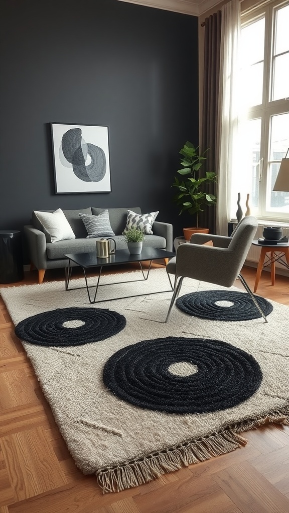 A cozy living room featuring layered rugs in beige and black, with a modern couch and decor.