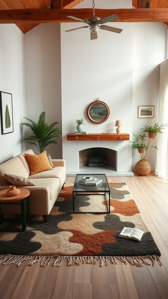 A cozy living room featuring layered rugs with a neutral sofa, wooden accents, and green plants.