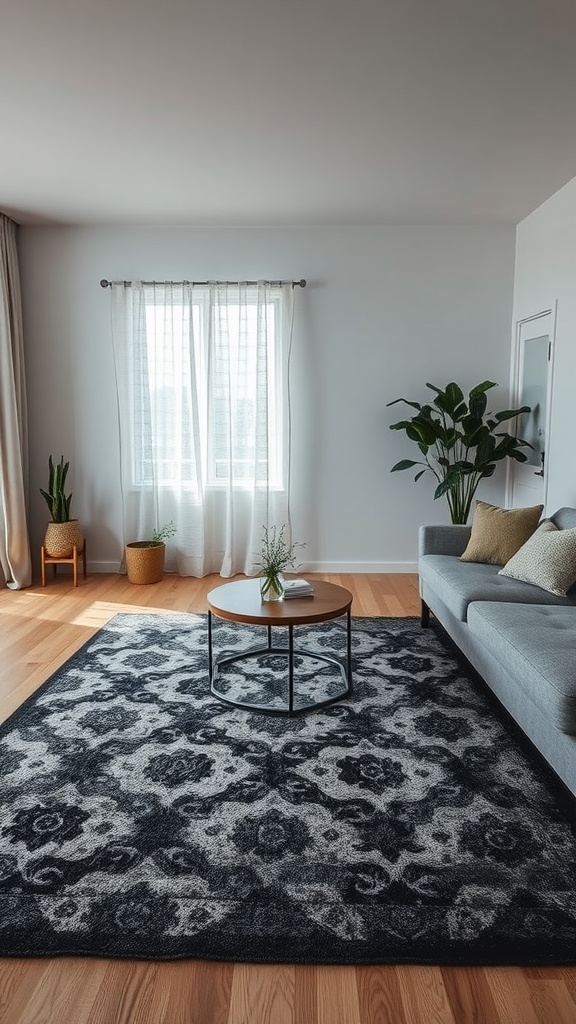 A living room featuring a black and grey patterned rug, a grey sofa, and a wooden coffee table with a plant by the window.