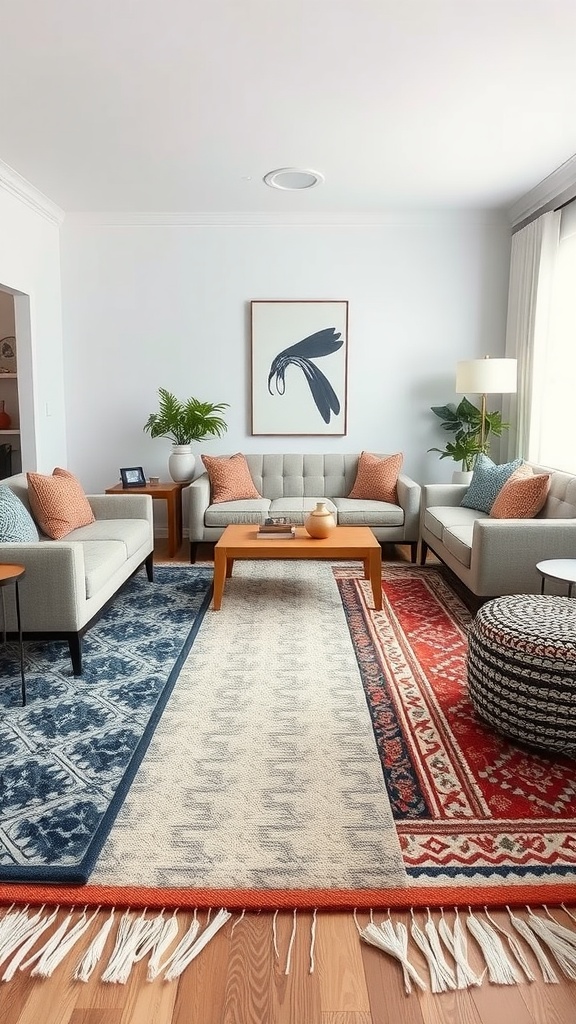 A living room featuring layered rugs in various colors and patterns, with a cozy seating arrangement.