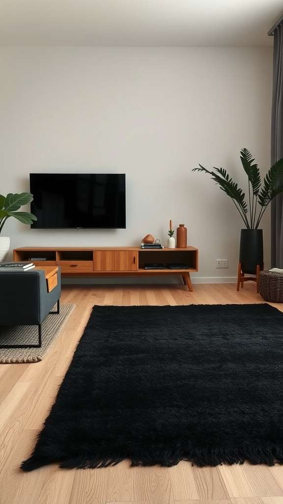 A living room featuring layered rugs with a black rug on top of a textured light rug, complemented by a wooden TV stand and a plant.