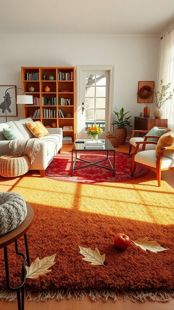 A cozy living room featuring layered rugs in orange and red tones, with autumn decor.