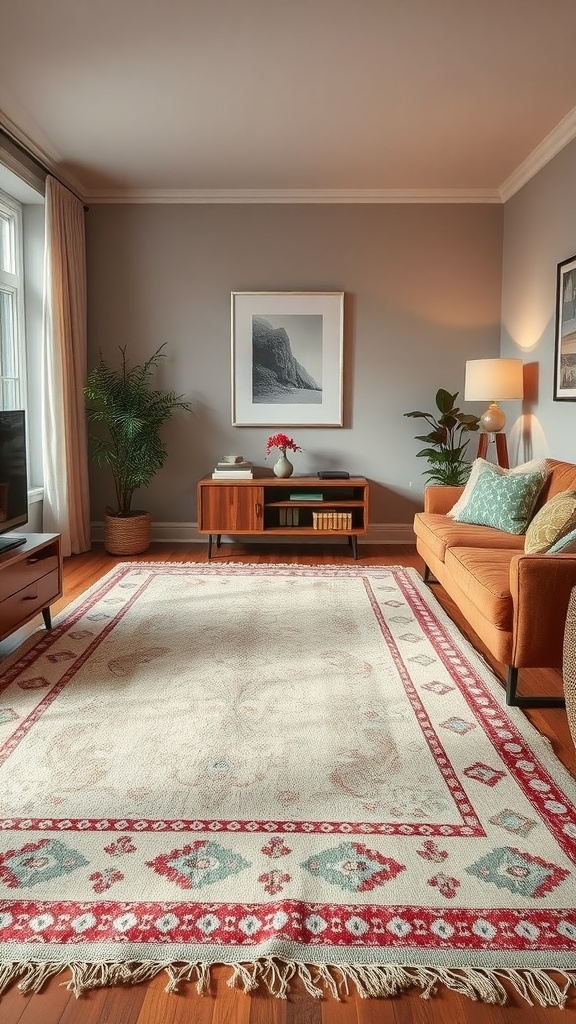 A cozy living room featuring a layered rug on a wooden floor, complemented by a warm sofa and decorative plants.