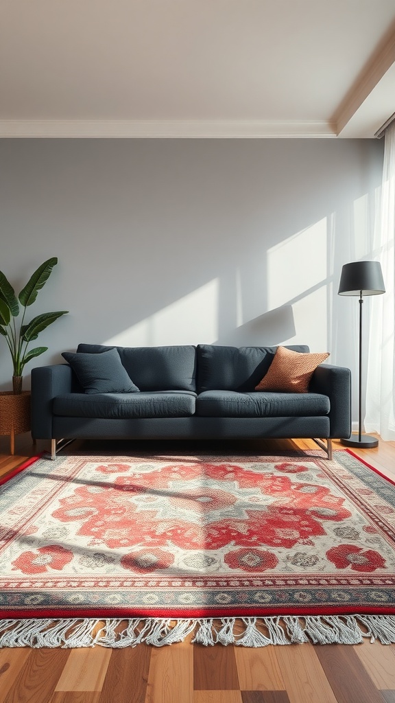 A black couch placed over a layered rug with a vibrant floral pattern, creating a warm living room ambiance.