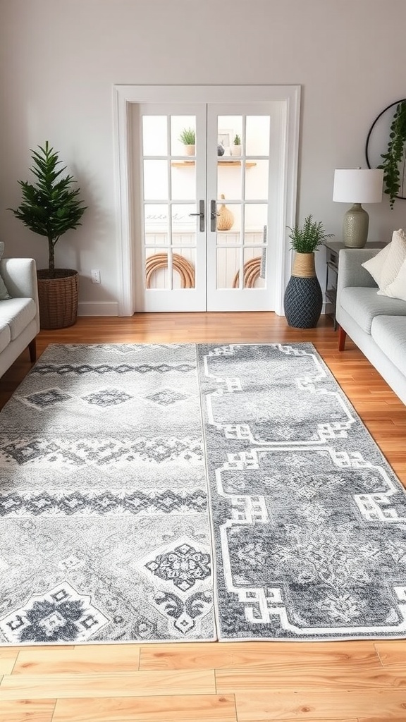 Living room featuring layered grey and beige rugs with a cozy seating arrangement