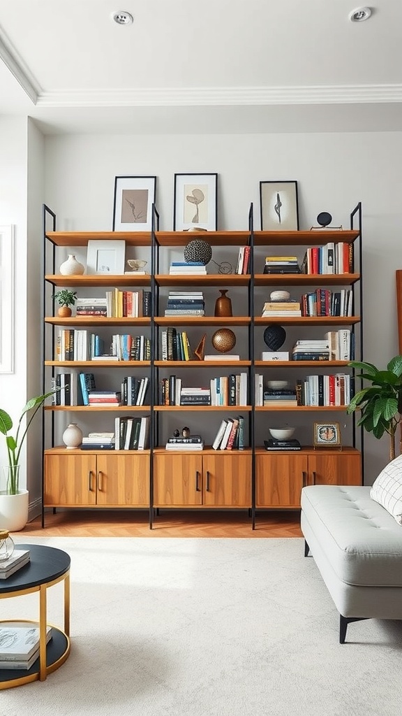 A modern living room bookshelf with layered shelving, showcasing books, art, and decorative items.