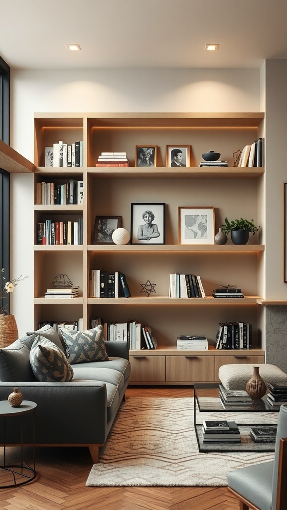 A cozy living room with layered wooden shelving displaying books, photos, and decorative items, complemented by a comfortable sofa.