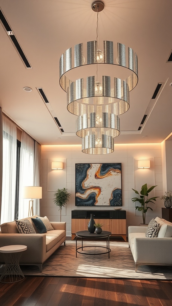 A modern living room featuring layered silver lighting fixtures, a comfortable sofa, and decorative artwork.