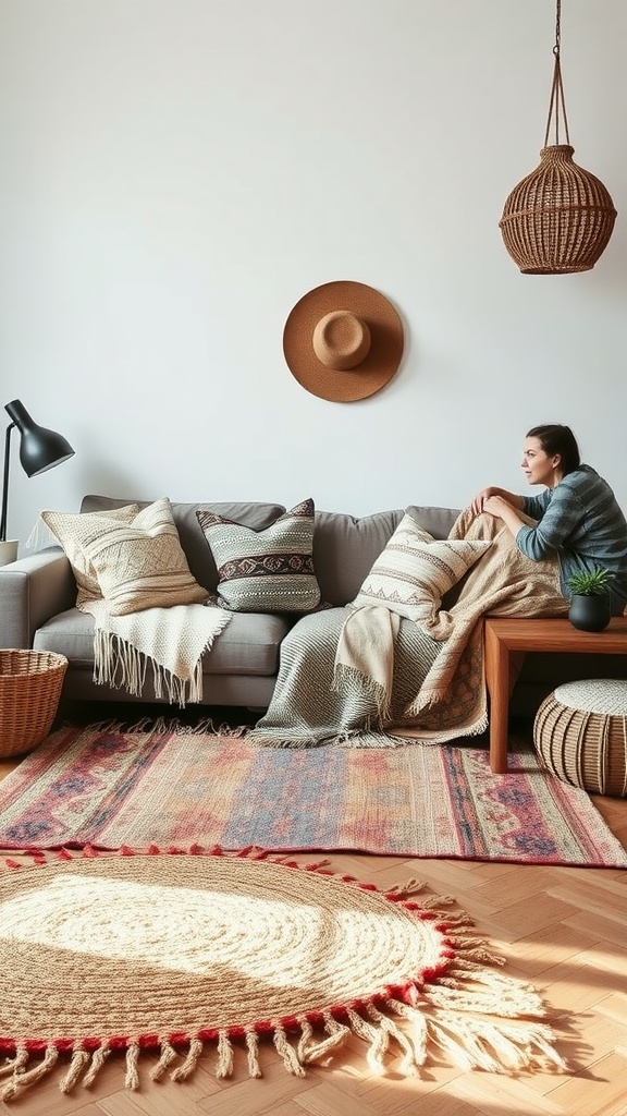 A cozy dark boho living room with layered textiles, including a sofa with throw pillows and blankets, patterned rugs, and a hanging light.