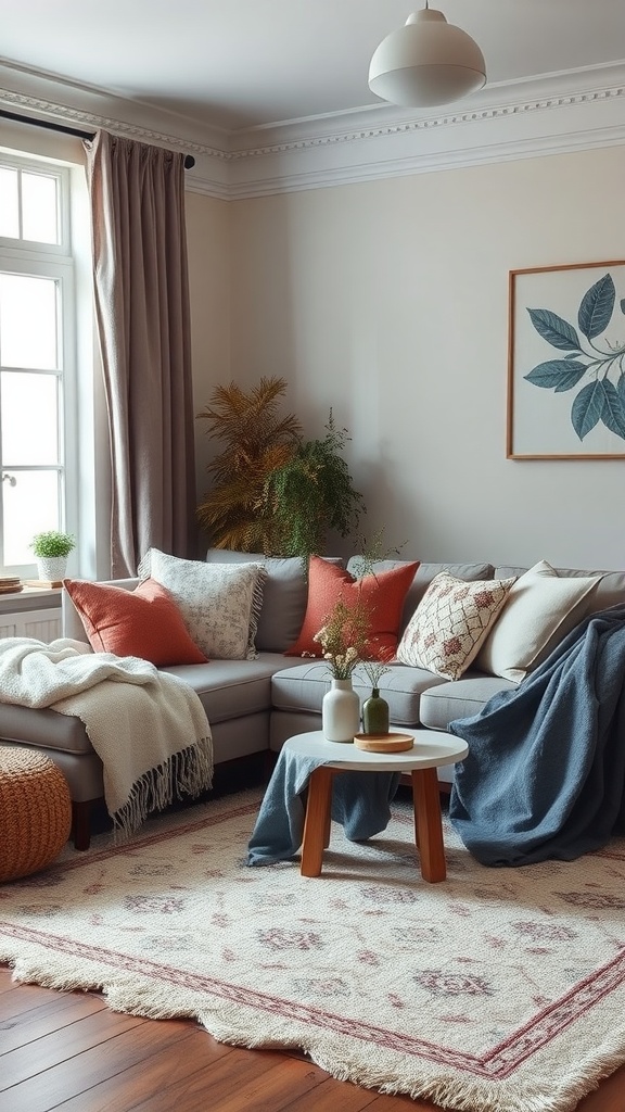 A cozy living room with layered textiles, featuring a large gray sofa with cushions, throws, and a decorative rug.