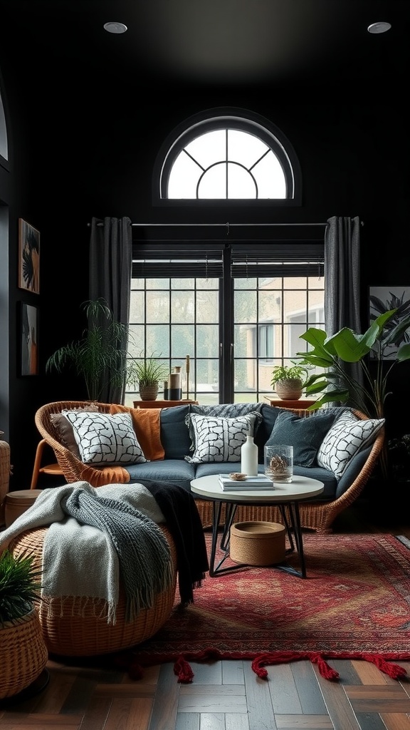 A cozy black boho living room featuring a round couch, layered textiles, and potted plants.