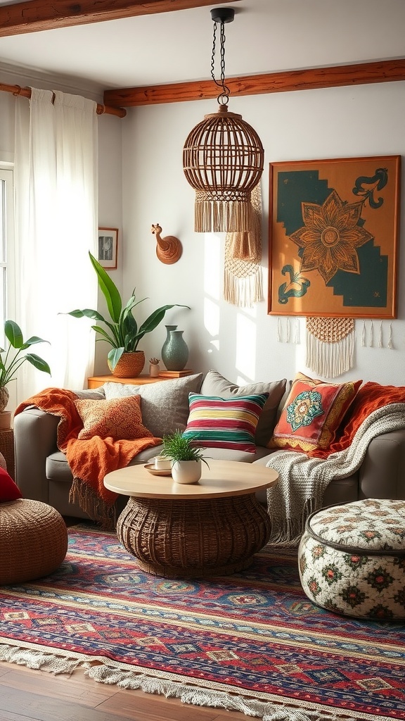 A boho-style living room featuring layered textiles with a cozy sofa, colorful cushions, a woven rug, and natural decor accents.