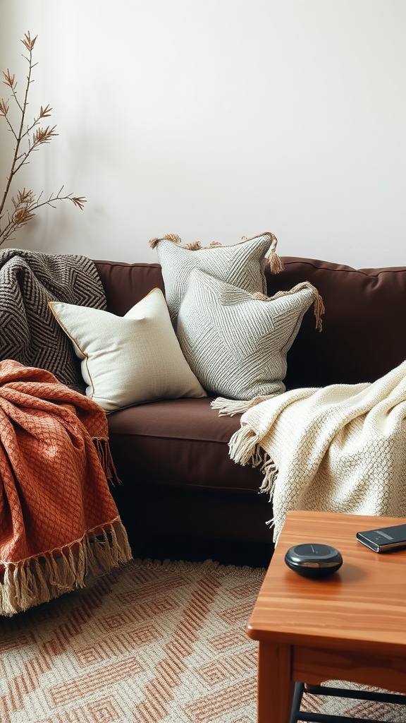 A cozy living room featuring a dark brown sofa with layered pillows and throws.